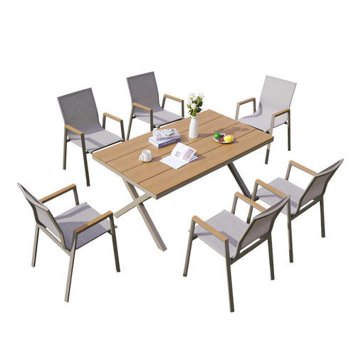 Outdoor WPC Tables and Chairs, Courtyard Anticorrosion Wooden Waterproof Sunproof Outdoor Aluminum Alloy Leisure Garden Table and Chair Set