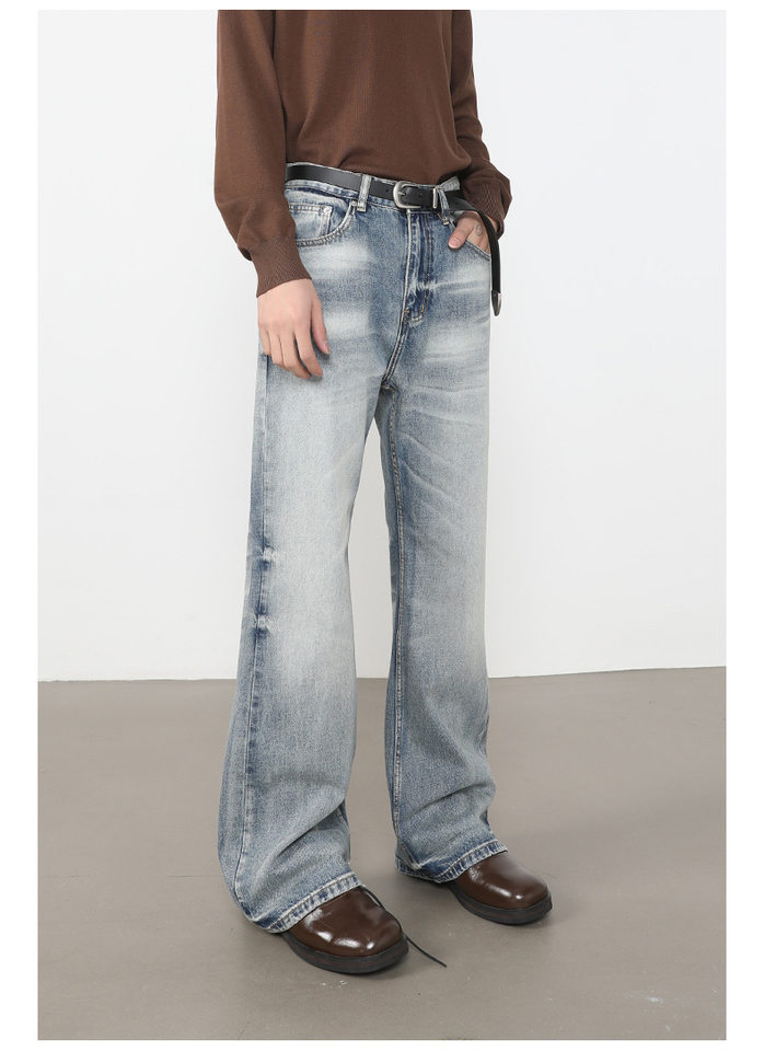 Quần jean nam ống loe nhẹ dáng rộng thoải mái, vải denim xử lý bạc màu — màu xanh, màu xanh nhạt, màu xám đen chi tiết 16