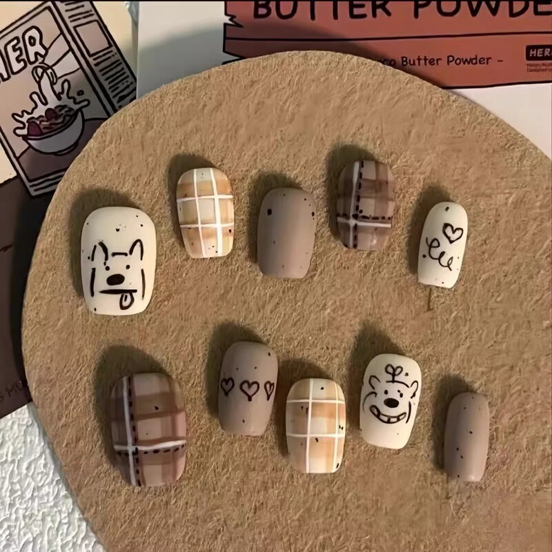Handmade Nail Art Ins Milk Tea Spicy Girl Cute Cartoon Frosted Lucky Dog Hand-Painted Graffiti Short Nail Art