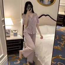 睡衣女2024新款夏季莫代尔带胸垫短袖长裤性感蕾丝花边家居服套装