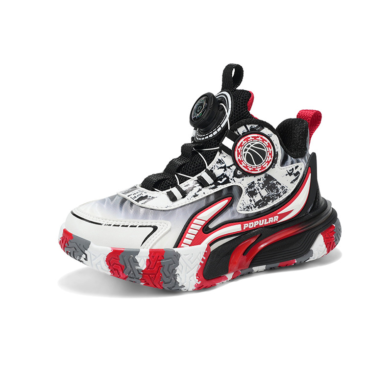 2532 Children's Basketball Shoes with Rotary Buckle, Autumn and Winter Mid-Low Top Leather Sneakers for Boys, Elementary and Older Children's Shoes