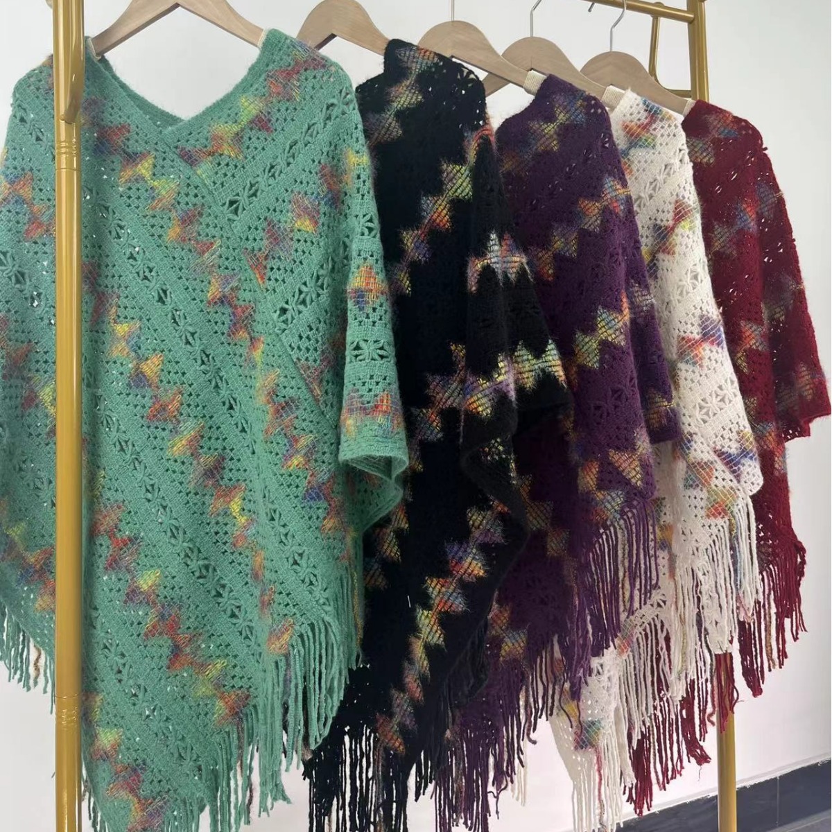 Spring 2024 New Turtleneck Colorful Diamond Knitted Blouse Shawl Yunnan Tourism Outer Wear Color Shawl Women