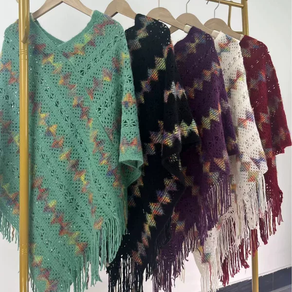 Spring 2024 New Turtleneck Colorful Diamond Knitted Blouse Shawl Yunnan Tourism Outer Wear Color Shawl Women