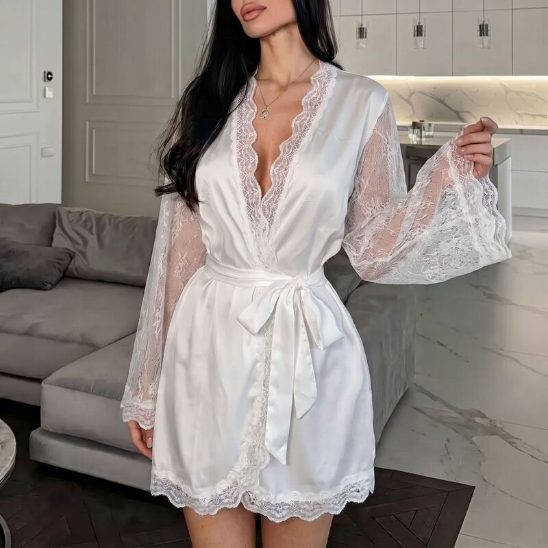 Elastic Ice Silk Satin Silky Soft Lace Sexy Nightgown Bathrobe Bridal Robe Morning Robe Women's Nightgown Elastic Ice Silk Satin Silky Soft Lace Sexy Nightgown Bathrobe Bridal Robe Morning Robe Women's Nightgown