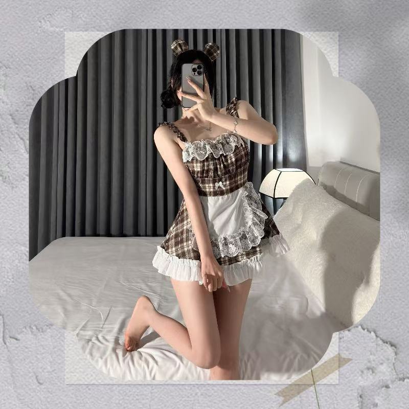Maid Roleplay Costume Set with Plaid Dress and White Tights, One Size Polyester — detail image 6