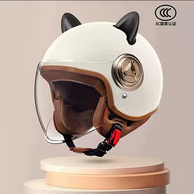 Cross-Border Electric Vehicle Helmet for Men Motosiklet kaskı (dəbilqə) - 801-new-national-standard-class-a-3c-certification-haoyue-white-long-mirror-black-rabbit-ears-free-size