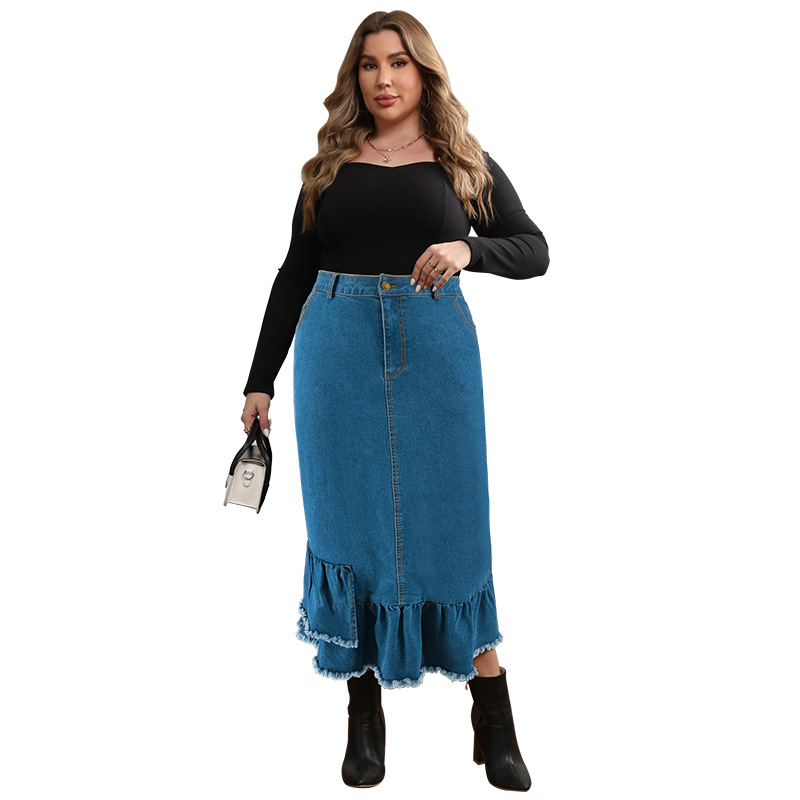 Dames plus size denim rok met kwastjes lang en elegante pasvorm_voghion.com