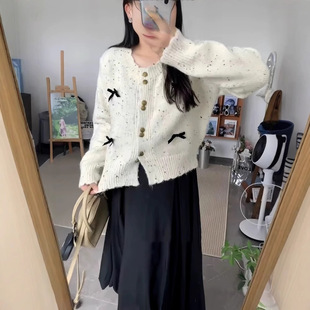 plus size High-grade Bow Color Dot Knitted Cardigan Women's Autumn and Winter chubby girl Tight Waist Slim Sweater Coat