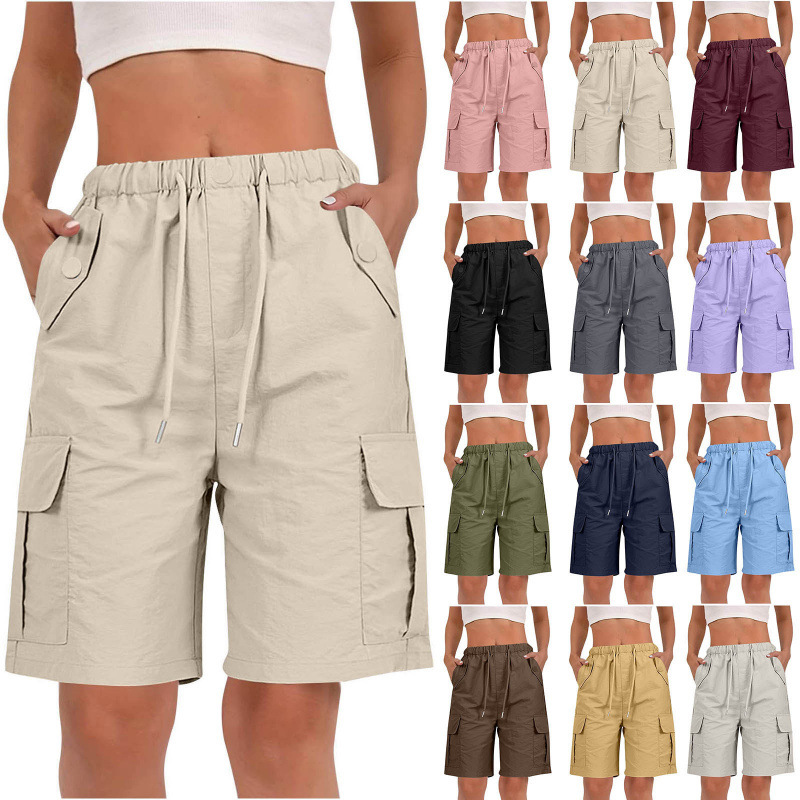 Amazon high-waisted summer casual shorts with pockets, cargo pants, cross-border button-tie fashion trendy women's pants