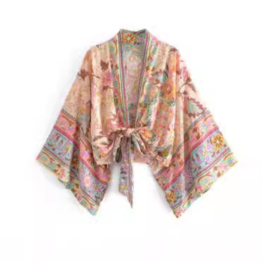Abbigliamento donna Top da donna con scollo a V e maniche a pipistrello, stampa alla moda, stile bohémien, coprispalle per occasioni formali e casual._voghion.com