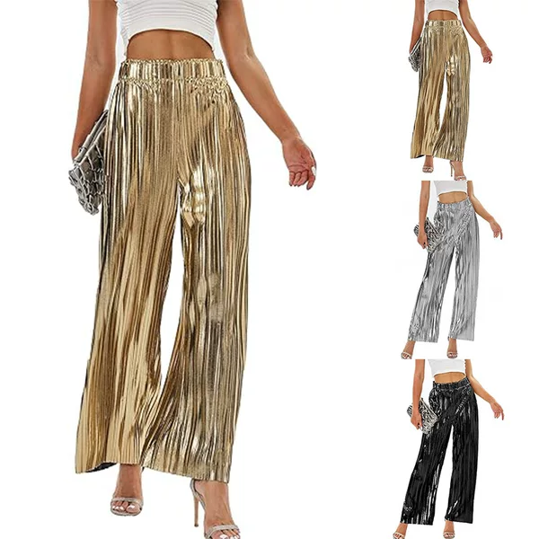European and American Cross-border Party Shining Women's Pleated Wide Leg Pants Party Party Fashion High Waist Casual Women's Club Clothes for Women