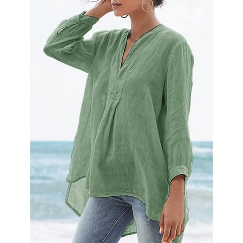 277951 Amazon Independent Site Thin Sand-Colored Solid Color Short Front Long Back Sleeve Summer Lightweight Loose Shirt Top for Women