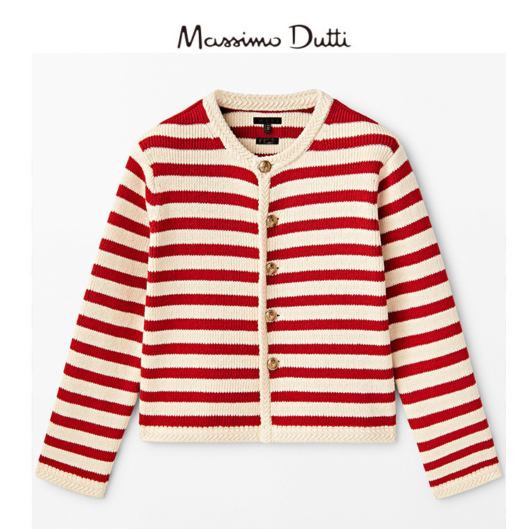 Clearance Items, No Returns or Exchanges. Massimo Dutti Women's Sweater Coat, Red and White Striped Knit Cardigan
