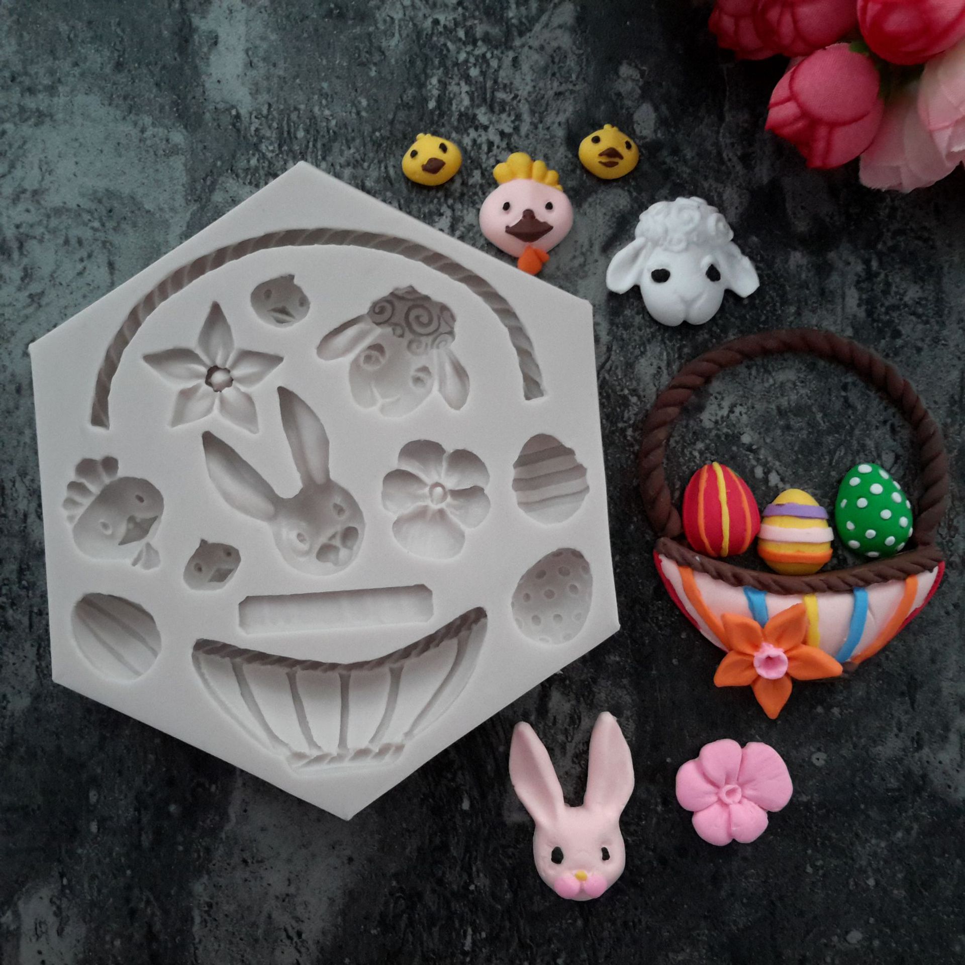 Fondant silicona flor azul molde de chocolate conejo huevo de Pascua flor pastel molde herramienta para hornear