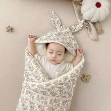 婴儿抱被大耳朵印花新生儿抱毯产房包单纱布棉秋冬加厚包被批发