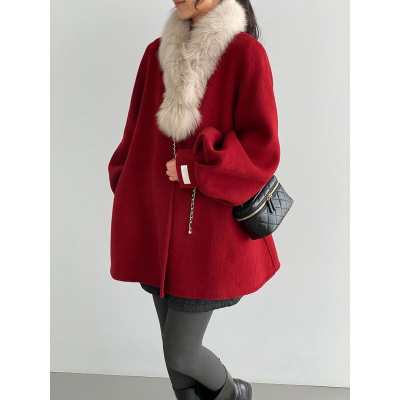 New Year's Outfit: High-End Fox Fur Cape Wool Coat for Women, Red Christmas Style Jacket A983