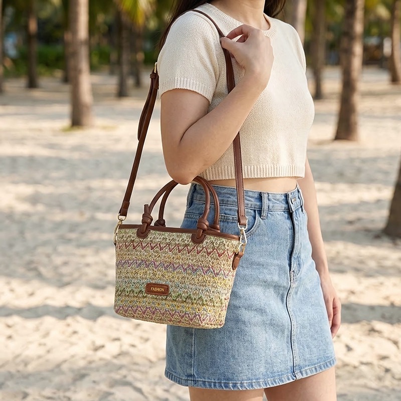 Bolsa de moda de verano de nuevo tejido portátil para mujeres 2026 balde de vacaciones bolsa de viaje bolsa de tela de paja casual mochila