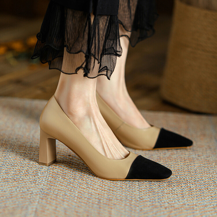 Trendy Color-Block High Heels for Women, Spring and Autumn Style, Square Toe, Shallow Mouth, Versatile Block Heel Pumps