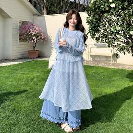 蓝色日系甜美风波点罩衫套装夏2026新款长袖内搭花边阔腿裤三件套