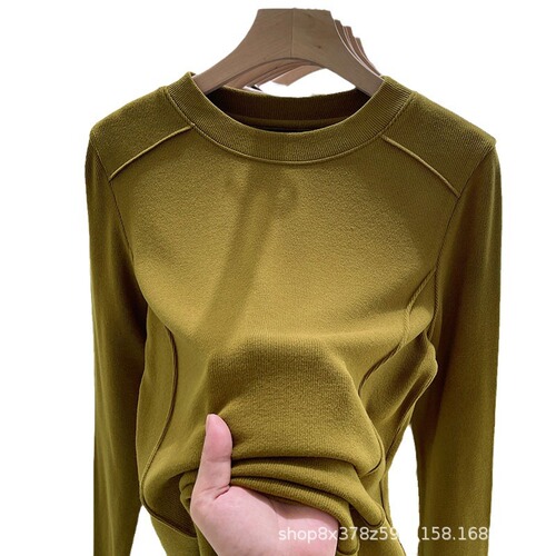 New Autumn/Winter Round-Neck Innerwear Fleece-Lined White Base Shirt for Women — Fashionable, Stylish, Slimming, Long-Sleeved T-Shirt Top