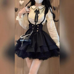 大きいサイズの学院の風は腰を収めて蝶結びの背もたれのスカートの女性の秋冬の純欲の甘い子供の襟のシャツの2つのセットを持ちます。