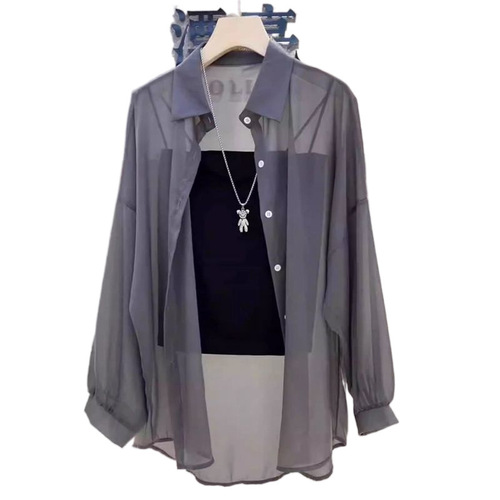 Pearlescent yarn summer new loose and versatile fashion mid-length shirt thin commuting sun protection clothing factory wholesale