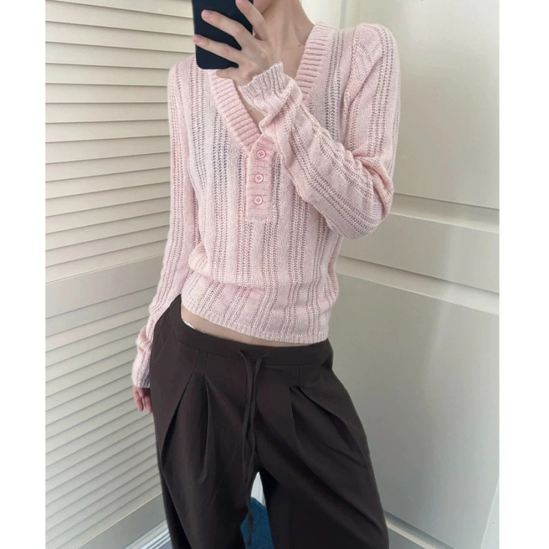 春秋新款韩系V领打底衫套头毛衣女设计感修身显瘦百搭上衣针织衫|undefined