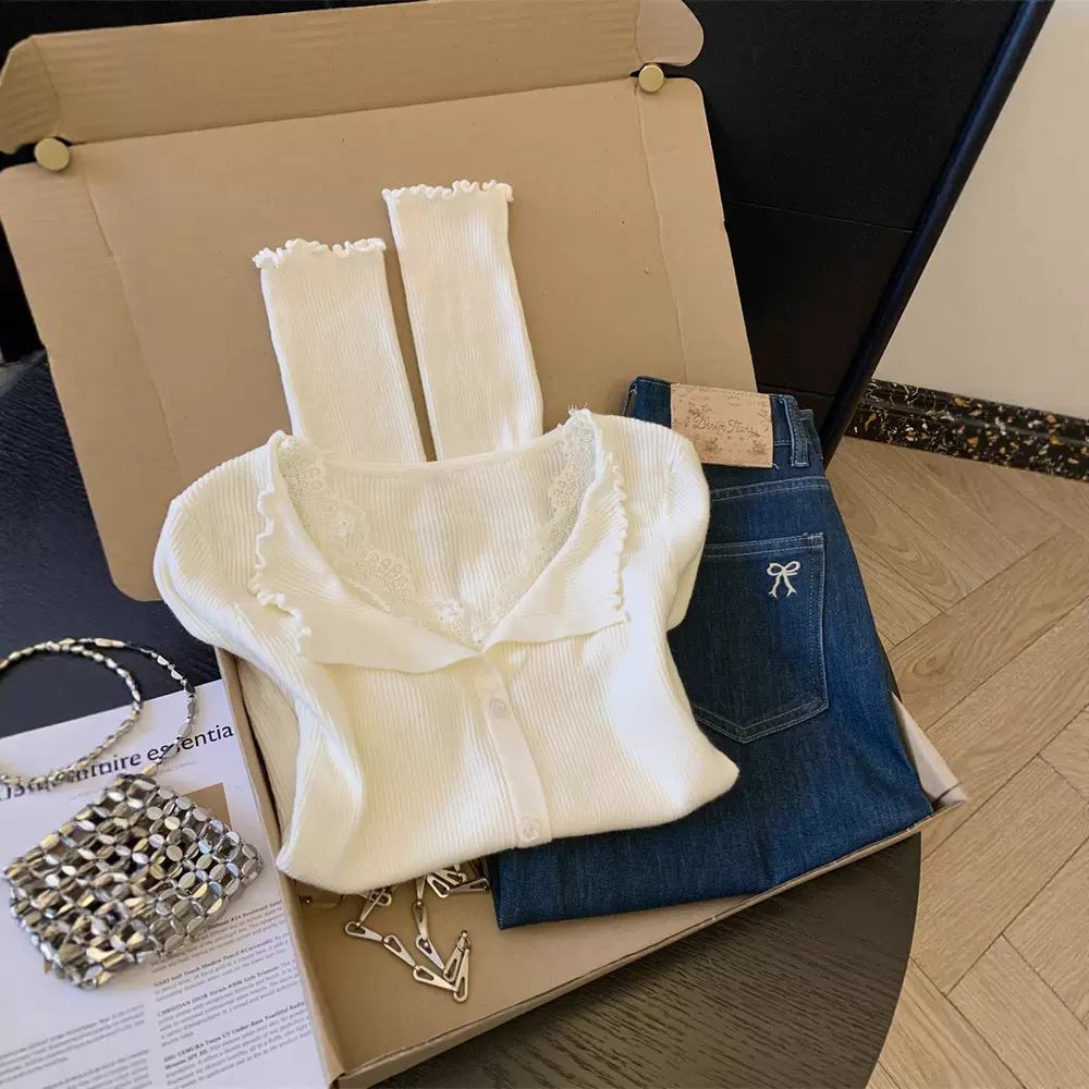 法式蕾丝花边拼接翻领木耳边针织开衫秋装女装高级感毛衣打底上衣