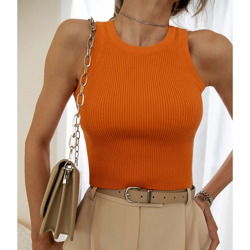 Cross-border knitted vest for women Europe and America  summer solid color slim fit threaded inner top short Y2K vest
