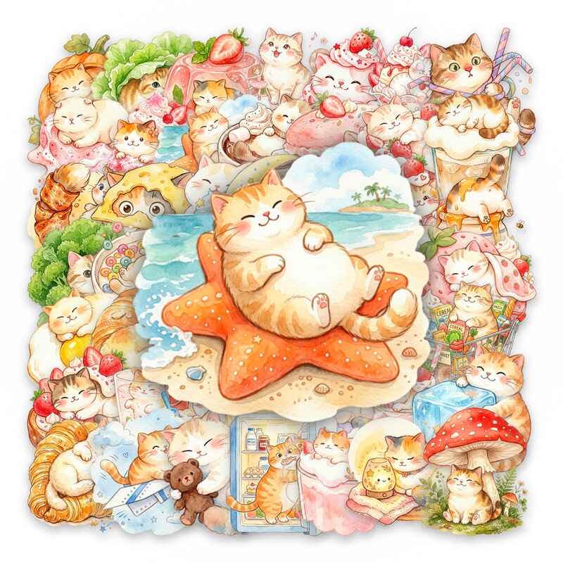 Cross-Border New Model 50-Piece Watercolor Cat Pet Sticker Pack Creative Cute Cat Daily Waterproof Decorative Stickers