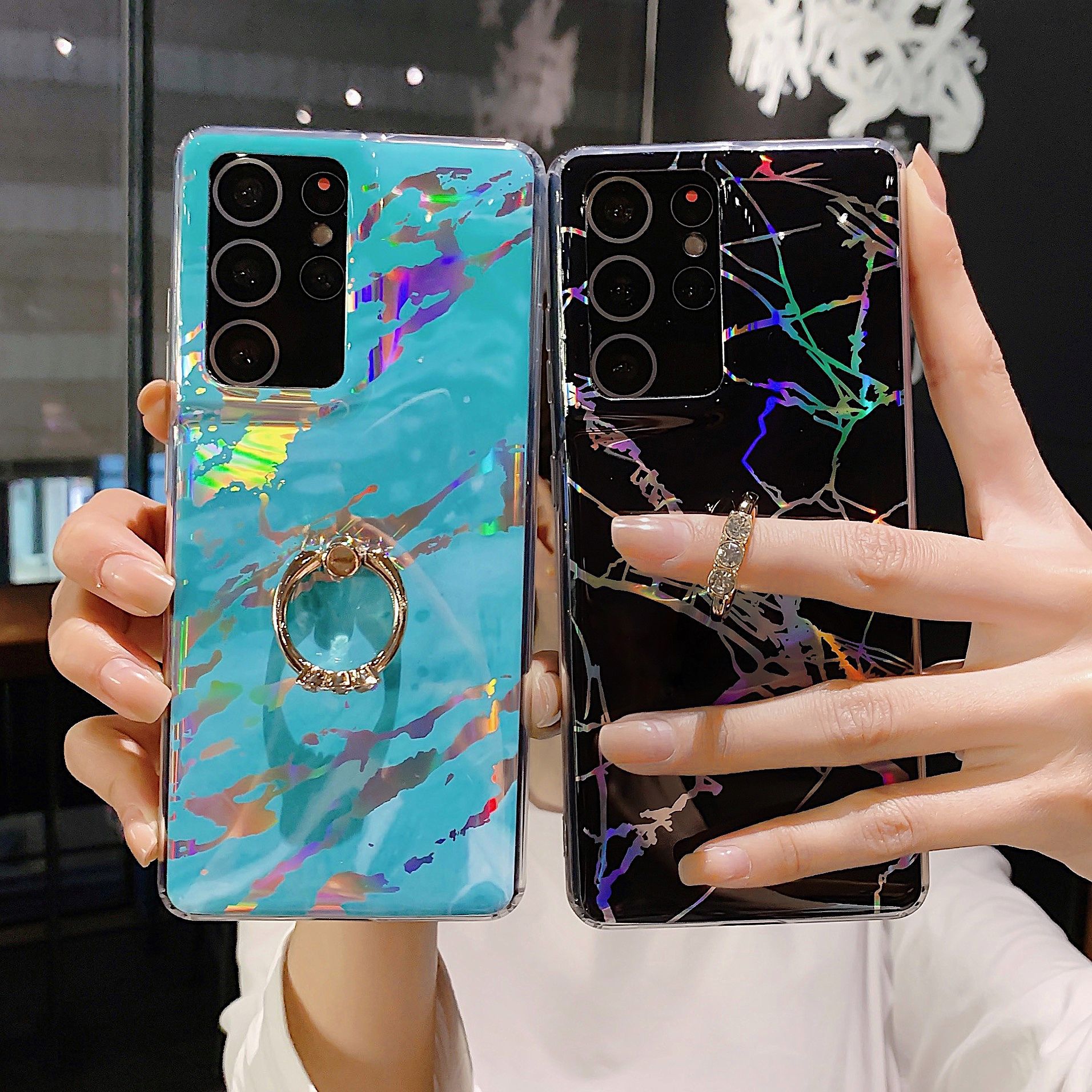 适用于三星S21U/S30热销指环扣镭射大理石纹S20FE手机壳A70保护套|ms