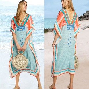 European and American Polyester Printed Front and Back V-Neck Beach Blouse Seaside Vacation Sunscreen Dress Bikini Outer Blouse