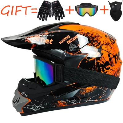 Motosiklet kaskı (dəbilqə) — Helmets, Youth Mountain Bike Downhill - orange-floral-pattern-comes-with-goggles-gloves-and-a-face-shield-s