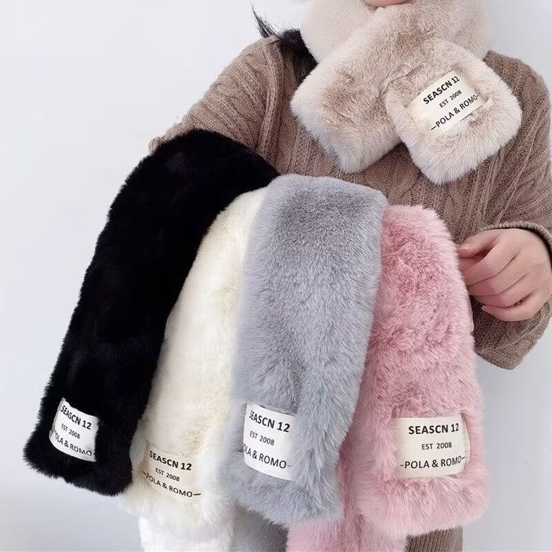 Soft Plush Scarf Korean Style Autumn and Winter Sweet Plush Girl Scarf Imitation Rex Rabbit Fur Thickeneded Cross to Prevent Cold and Heattech