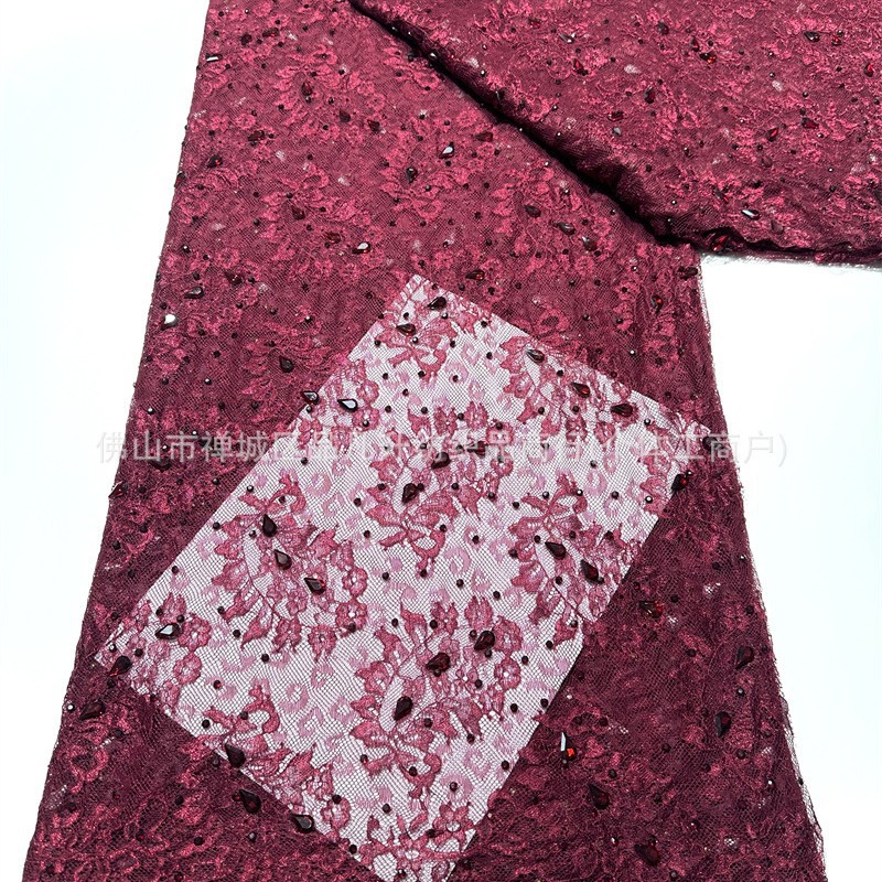 Champaña oro pesado clavos tela de encaje goteo taladro de mano encaje cosido tela de vestido de boda alta