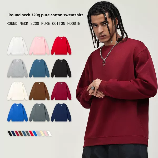 Cross-border European and American Heavy Loose Solid Color Men's Round Neck Cotton Blend Double-sided Sweat Women's Korean-style Casual Long-sleeved Couples