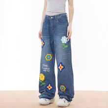 小众设计感滑板刺绣牛仔裤男女潮牌街头毛边裤脚宽松百搭拖地长裤
