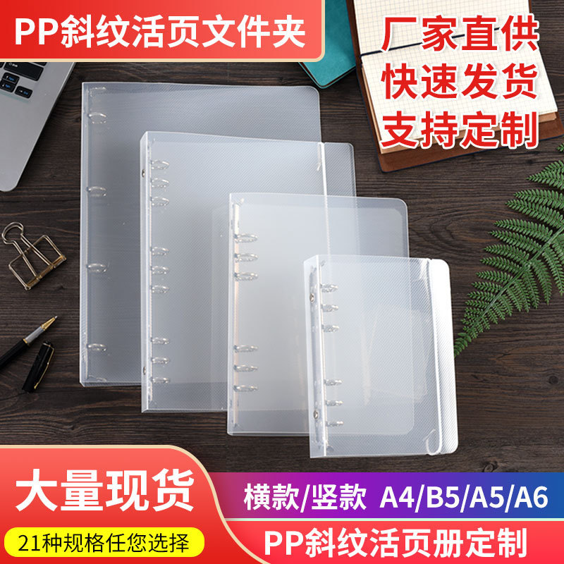트윌 패턴 PP 투명 루즈리프 파일 폴더 A4A5B5 수첩용 천공 파일, 시험지 및 자료 보관 폴더, 인쇄 가능한 패턴 추가 가능