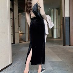 金丝绒a字半身裙女秋冬新款韩版高腰显瘦百搭包臀开叉过膝一步裙