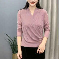 一件代发直播爆款2025早秋季新款交叉V领烫钻长袖T恤女上衣打底衫