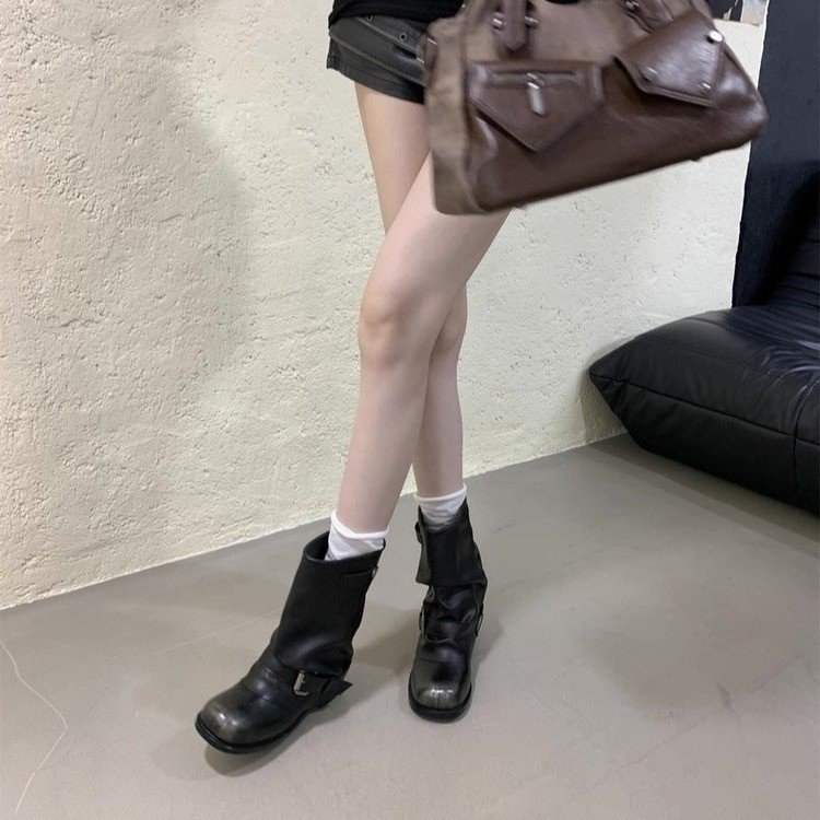 西部牛仔靴女褶皱堆堆靴黑色复古粗跟骑士靴夏季短靴子2025年新款|undefined