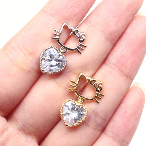 European and American cross-border cute hollow diamond cat head nose nail heart-shaped zircon nose ring stainless steel nose piercing jewelry