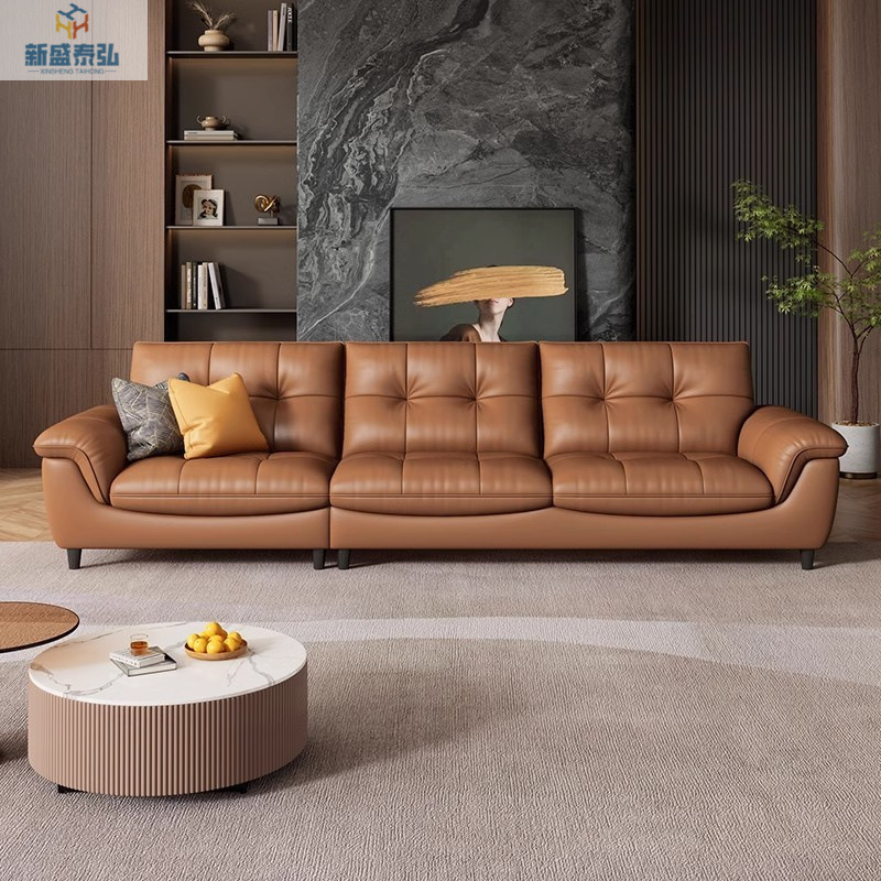 American Style Light Luxury Top Layer Cowhide Sofa Modern Minimalist Straight Row Small Apartment Living Room Three-Seat Leather Sofa Leather Art