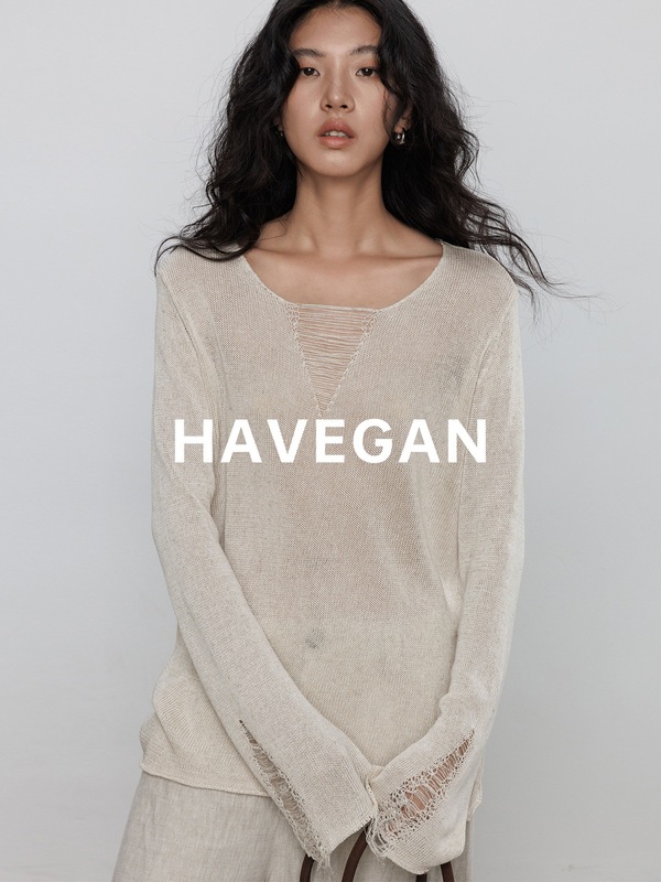 与间HAVEGAN/秋季v领天丝亚麻长袖设计感针织衫女宽松老钱风上衣|undefined