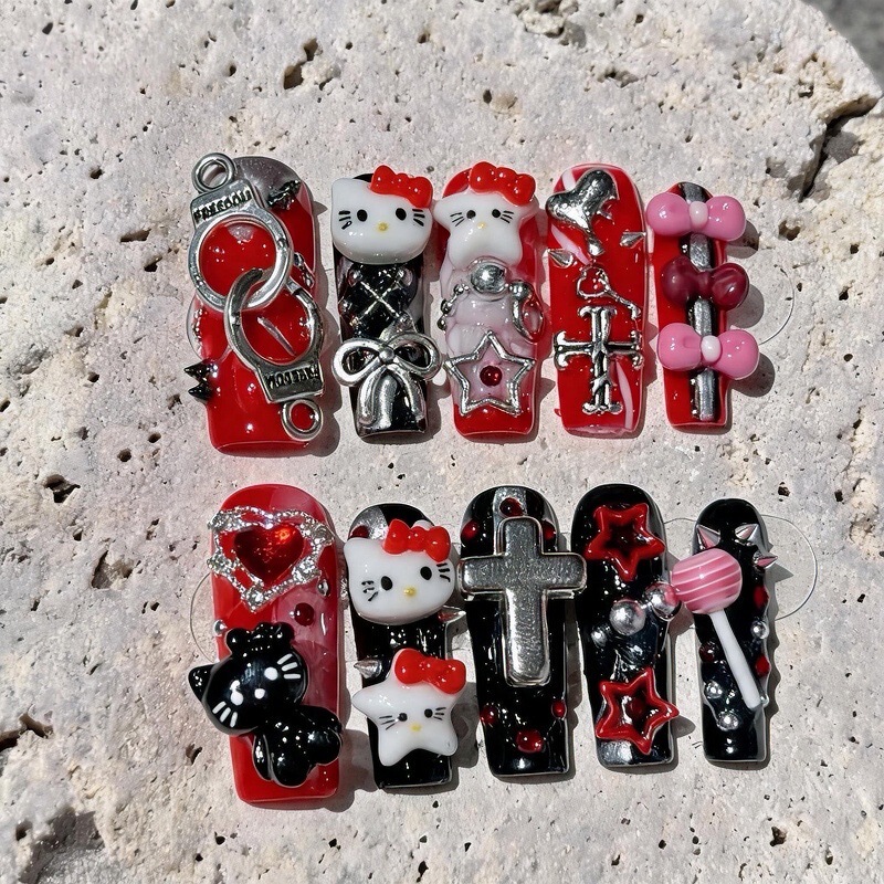 "Black and Red Hot Girl Kitty" European and American Cross-Border Y2K Sweet Cool Square Tube Handmade Nail Art Nails