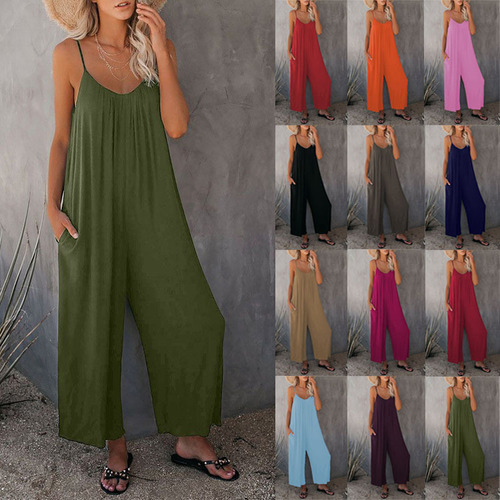 European and American-style summer women's long pants, solid color, with inset pockets, loose-fitting, casual, strap-style jumpsuit