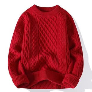 Red Sweater for Men and Women in Their Zodiac Year, Autumn and Winter Fleece-Lined, New Year Solid Color Knitwear, Foreign Trade Cross-Border Factory Direct Wholesale