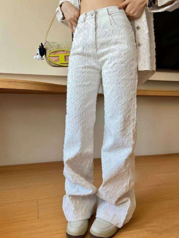 深圳南油马户家提花满印白色牛仔裤女春秋时尚休闲百搭高腰阔腿裤|undefined