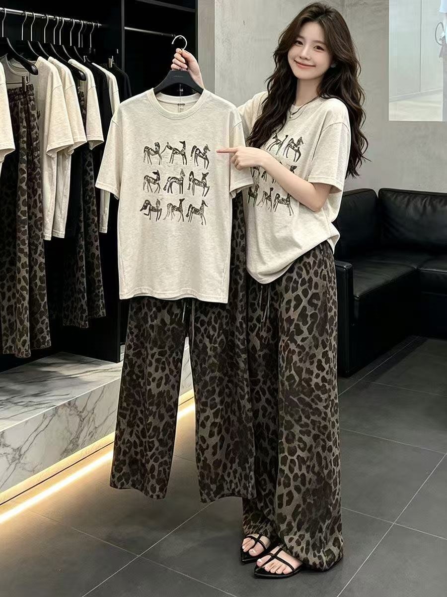 Vintage leopard keng shimlar + chap ko'z T-shirt to'plami