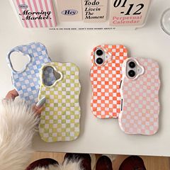 夏らしい爽やかな小さな格子柄 iPhone16pro max/Apple17/15/14対応 フィルム風ウェーブケース